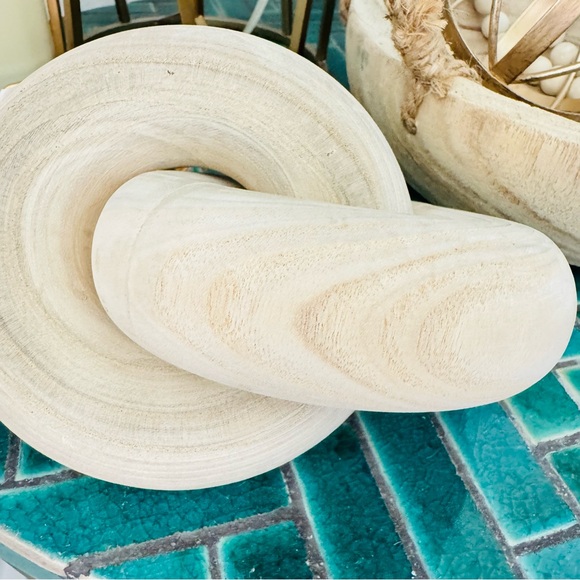 NEW POTTERY BARN White Cream Tan Wood Decor Low Bowl Knot Beads Chain Sphere - Picture 4 of 16